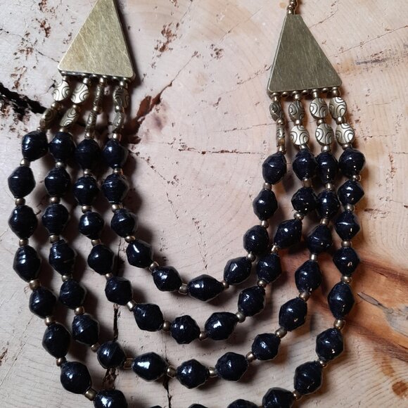 Brass Tone and Black Bib Necklace Rolled Paper Beads Ethnic Boho Tribal - Picture 12 of 14